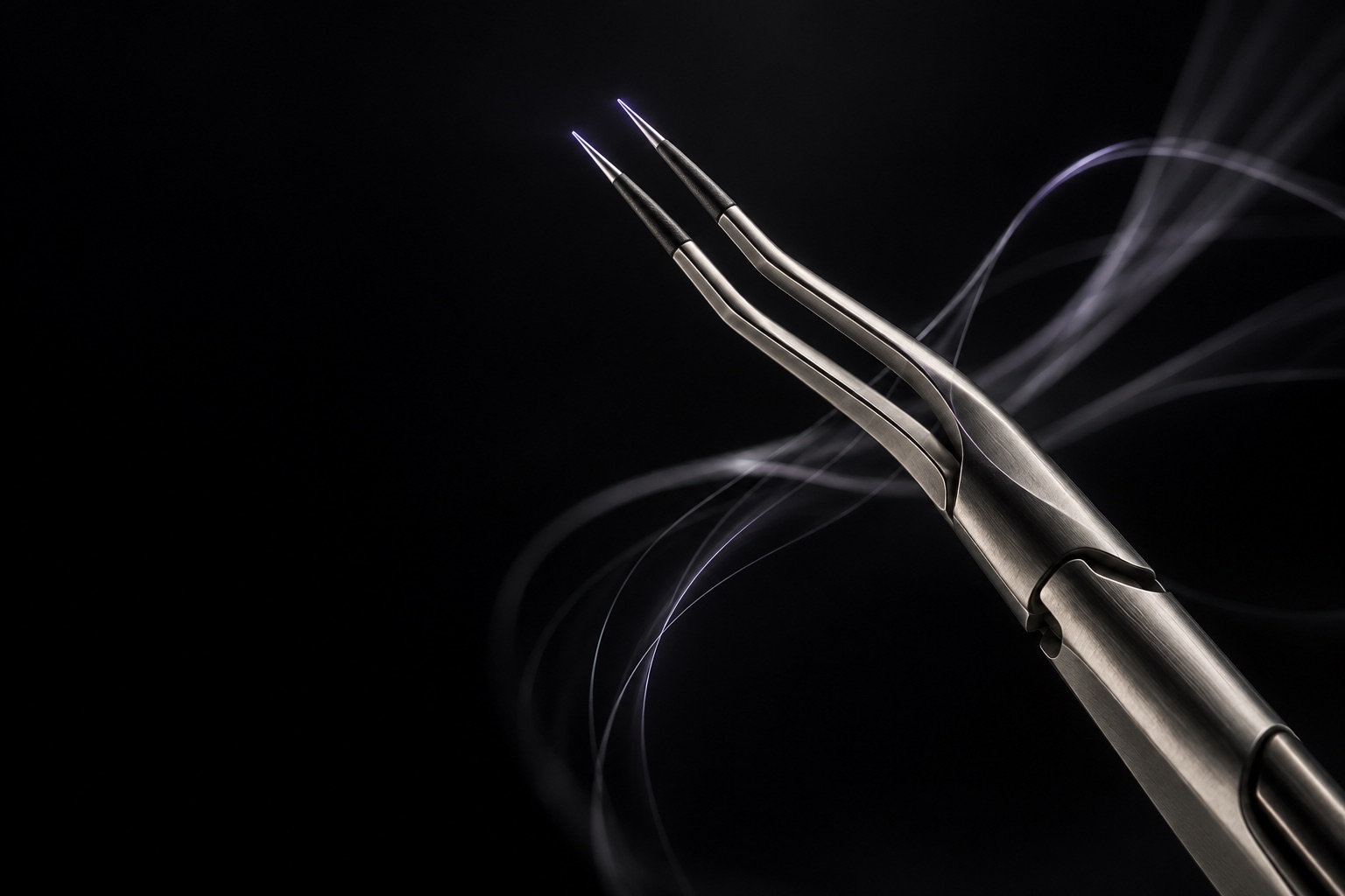 Concept image: fine-tipped steel surgical forceps against a black background, traced by thin lines of violet light.