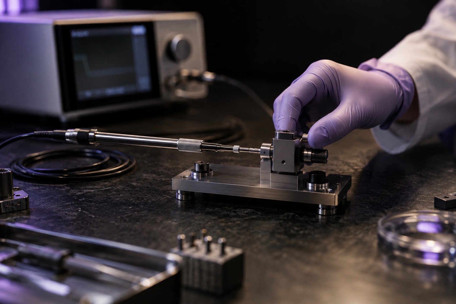 Concept image: a gloved hand adjusts a small precision fixture holding a probe on a dark laboratory bench, with a measurement instrument in the background.